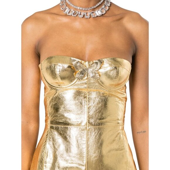 Blumarine Strapless Midi Dress in Gold 42 New Womens Leather Strapless - Picture 12 of 16